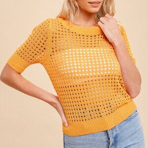 HEM & THREAD Honey Punch Golden Marigold Open-Knit Short Sleeve Sweater Top